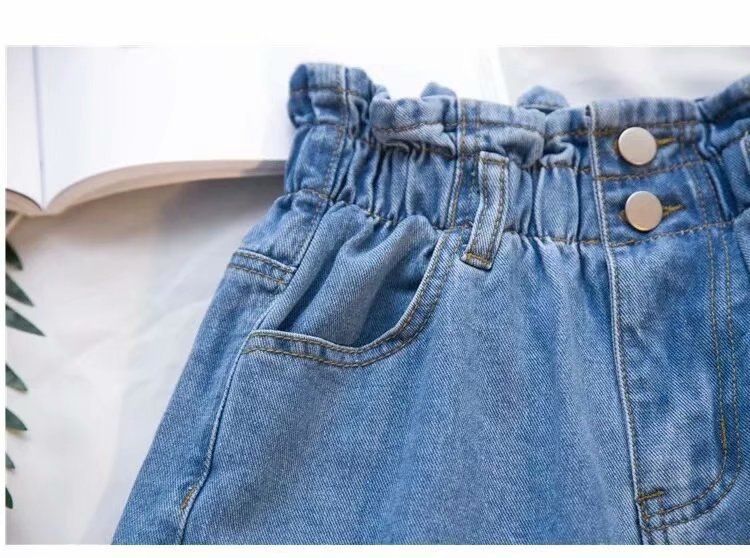 Abbigliamento da donna, vita alta, taglie forti, pantaloncini in denim elasticizzati, larghi, aderenti, con orlo arricciato, linea ad A, gamba larga_voghion.com
