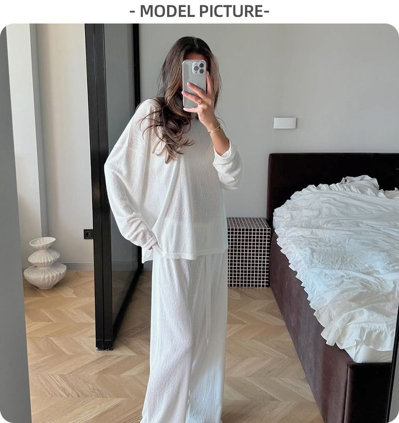 Strick-Stretch-Pyjama für Damen, locker, bequem, lässig, Herbst-Loungewear im neuen europäischen und amerikanischen Stil mit langen Ärmeln und langer Hose_voghion.com