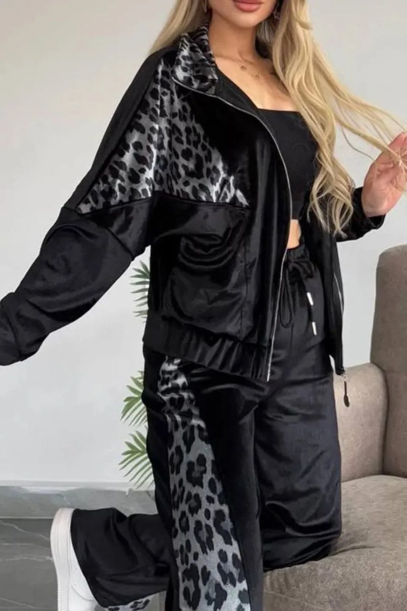 Dameskleding Luipaardprint Contrastbroek Lange mouwen Thuiskleding Pak_voghion.com
