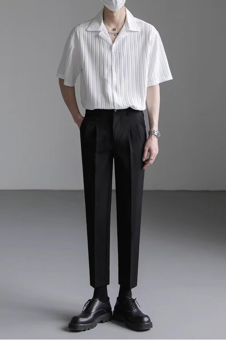 Camicia casual da uomo, leggera, stile maturo, in seta ghiacciata, con colletto drappeggiato, a maniche corte, bianca_voghion.com
