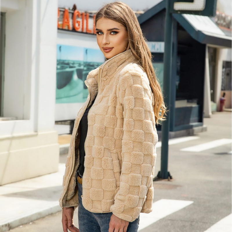 Cappotto in peluche scozzese sciolto tinta unita con cerniera a maniche lunghe da abbigliamento da donna_voghion.com