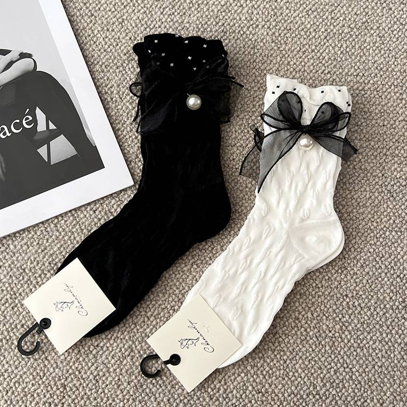 Zubehör Socken verziert Perlenschleife Frühling/Sommer dünne Baumwollsocken Damensocken Blasenmund schwarz-weiß_voghion.com
