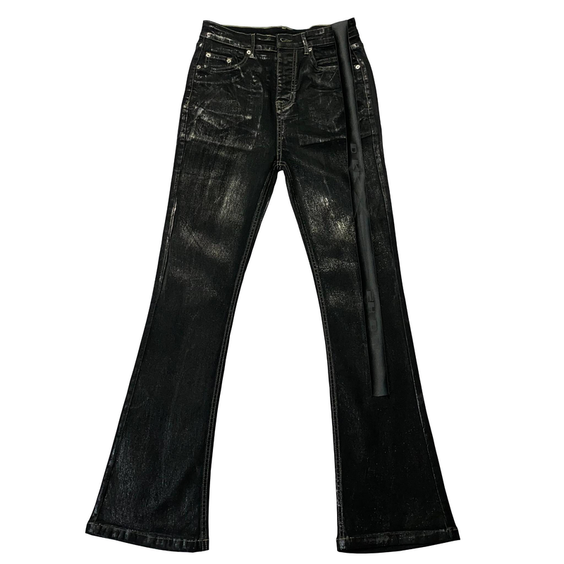 Männerkleeder Héich Handgemaachte Waxed Hosen Ausgeklappt Breet Been Elastesche Band High Street Jeans_voghion.com