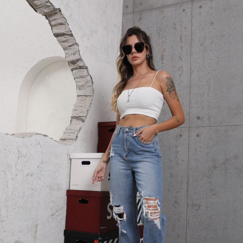 Women's Clothing Street Straight Pants Ripped Thin Light Blue Pants_voghion.com