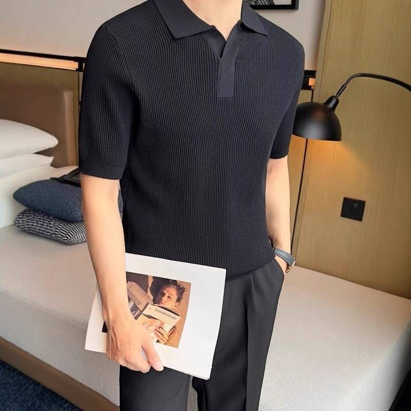 Men's Clothing Summer Short Sleeved Breathable Solid Color Knitted T Shirt High End Slim Fit Lapel Casual T Shirt_voghion.com