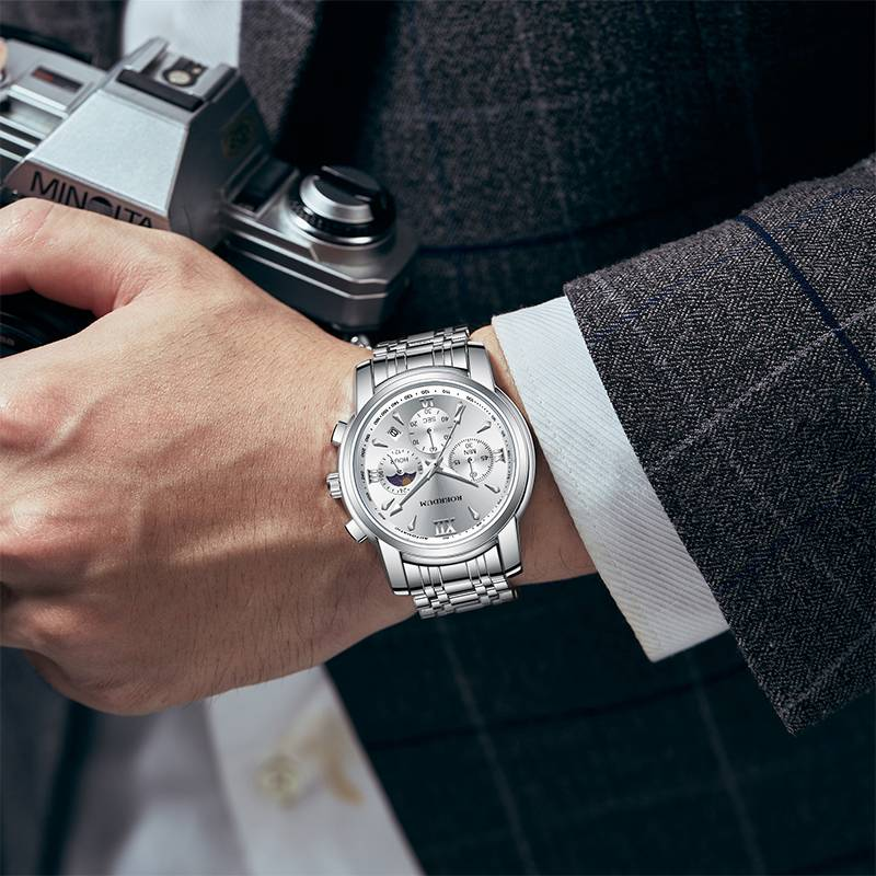 Serie ROERDUM Cool Play - Movimento al quarzo, bracciale in acciaio inossidabile, quadrante argento, orologio da uomo casual ed elegante_voghion.com