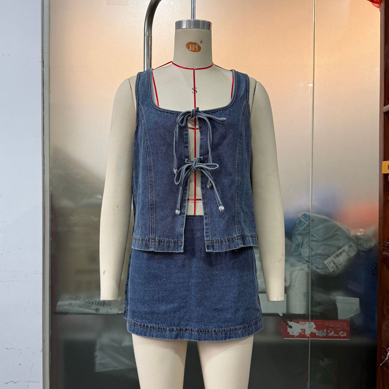 Ropa de mujer Chaleco vaquero sin mangas con cordones Pantalones cortos Traje vaquero lavado_voghion.com