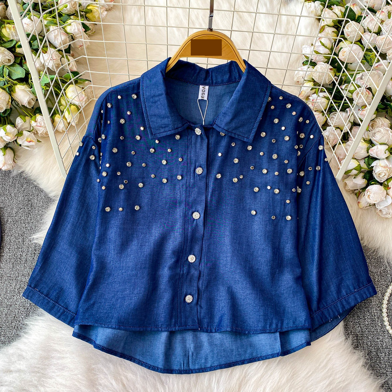 Luxe blouse met versieringen voor dames, statement revers, top met halflange mouwen, 8 levendige kleuren (zwart/groen/rood/meer) voor op kantoor en een avondje uit_voghion.com