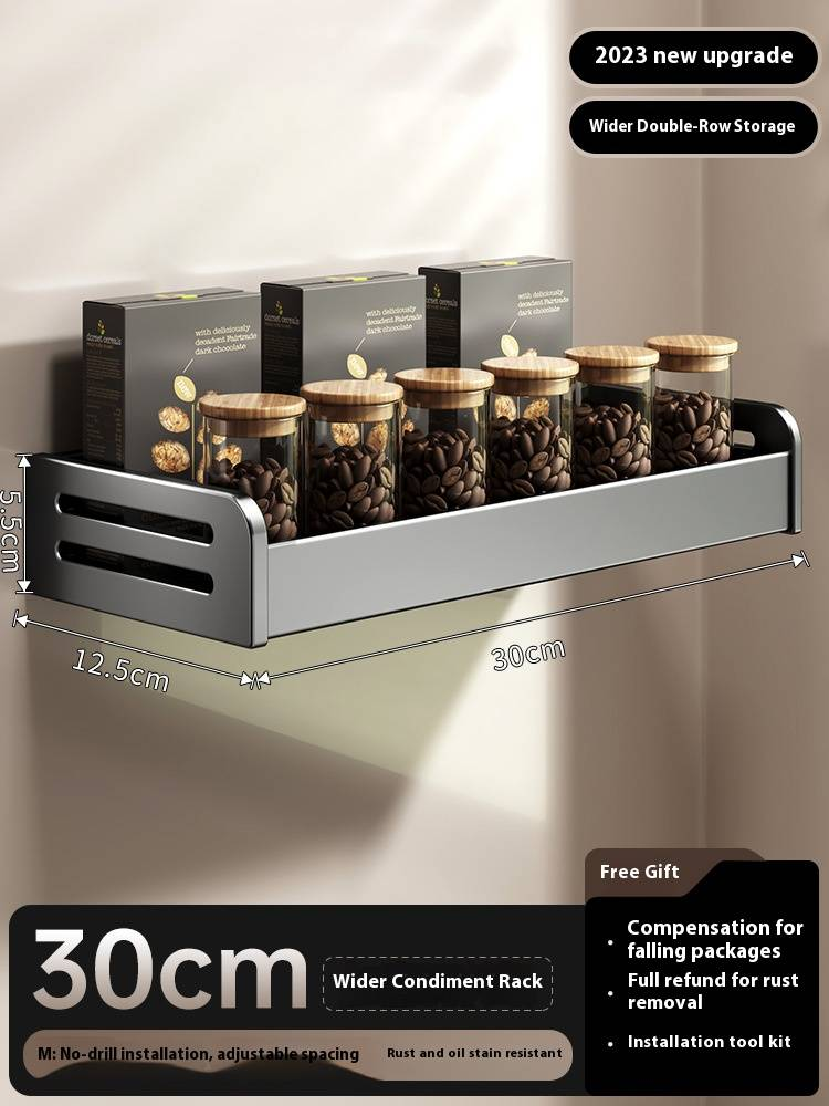 Organizador de temperos de parede com colheres medidoras e etiquetas grátis, sem necessidade de furação, solução de armazenamento para cozinha que economiza espaço_voghion.com
