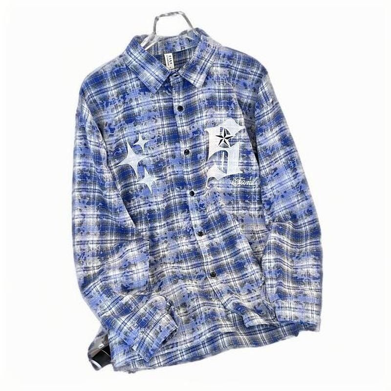 Erkekler İçin Vintage Yıkamalı Büyük Boy Grunge Flanel Desenli Tie-Dye Kareli Gömlek_voghion.com