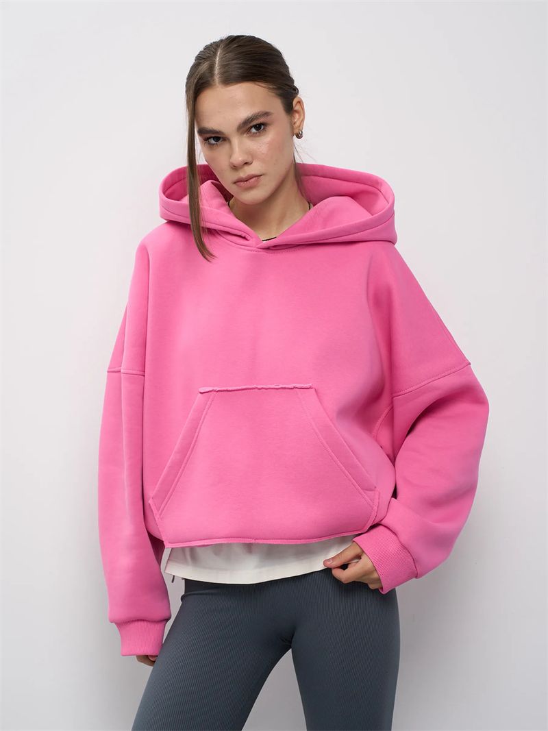 Cropped Hoodie With Drawstring Waist – Oversized Streetwear Pullover With Kangaroo Pocket (S-XL, 7 Colors)_voghion.com