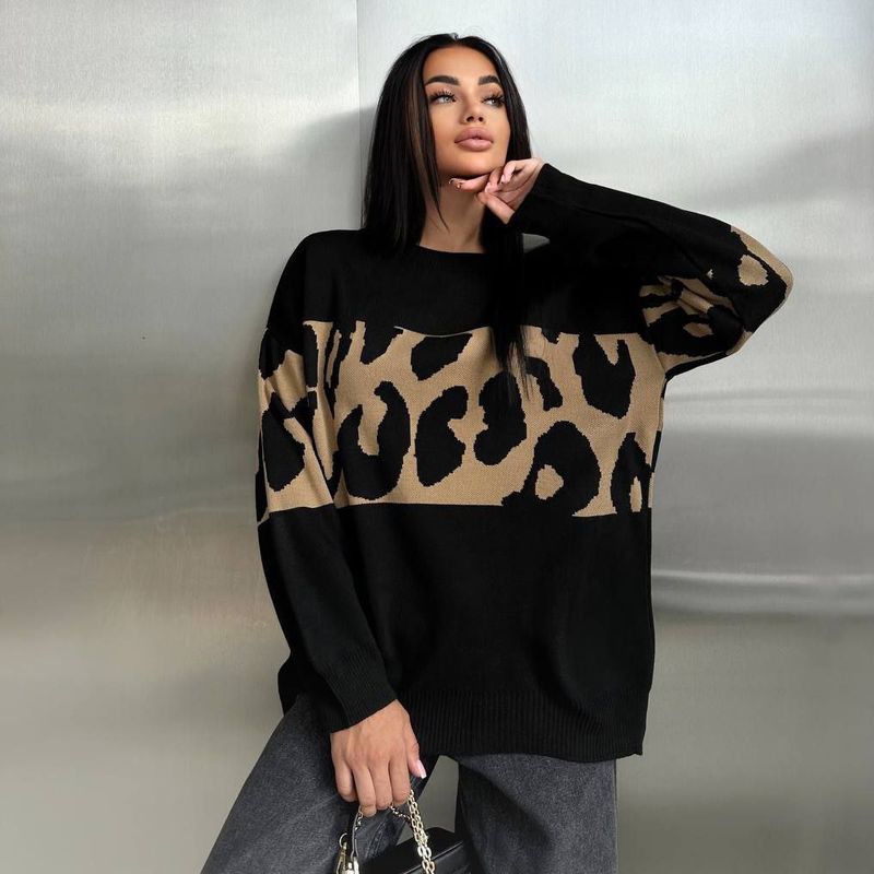 New Leopard Print Sweater Color Block Fashion Trend Loose Round Neck Lazy Style Early Autumn Women's Outerwear_voghion.com