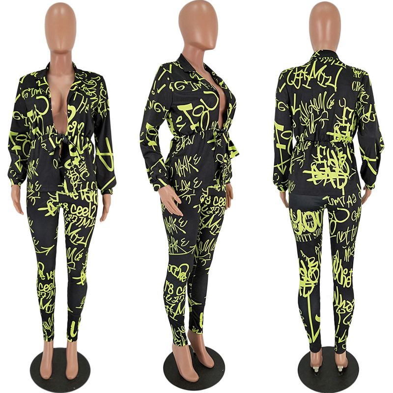 Conjunto feminino de duas peças com estampa de letras, blazer de manga comprida e calça lápis, roupa elegante para escritório, poliéster elástico, P/M/G/GG (laranja)_voghion.com