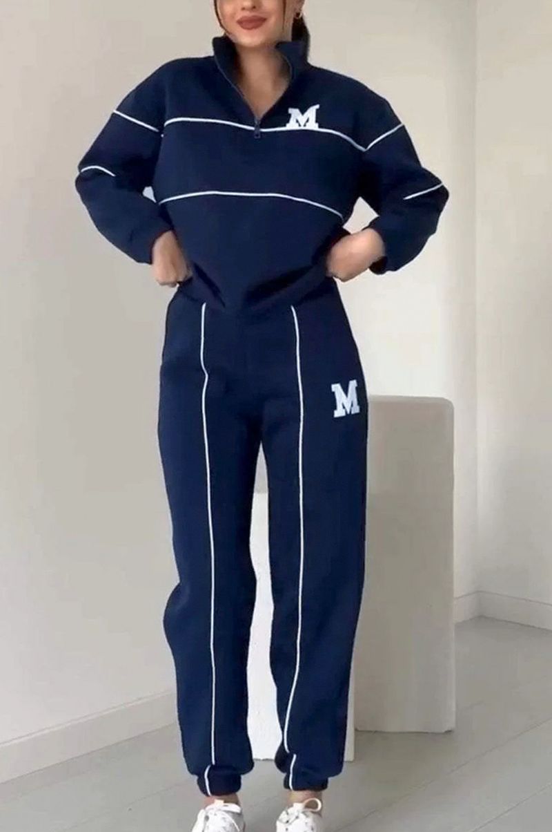 2025 Damen Sweatshirt Buchstaben Wärmeübertragung Ärmel Lange Hose Reißverschluss Lässiges Sport Zweiteiliges Set_voghion.com