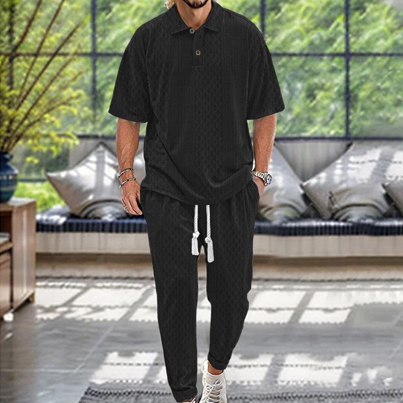 24 Spring Summer Men's Casual Long Pants Turn-down Collar Jacquard Knitted Top Plus Size Set_voghion.com