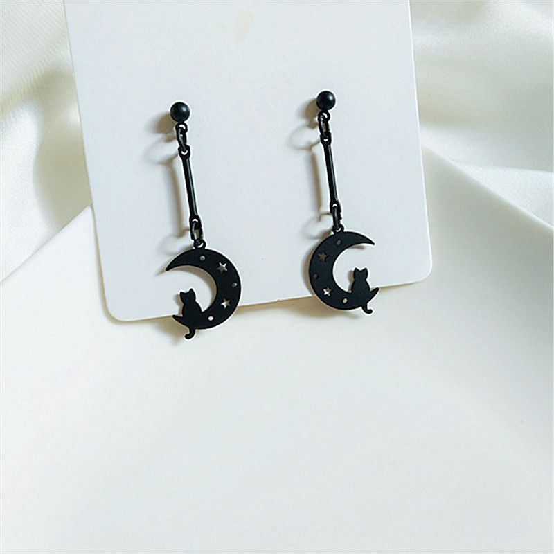 Orecchini lunghi a forma di luna con nappine, orecchini a clip non forati con ago in argento, orecchini a forma di stella e luna, orecchini neri con clip per orecchini_voghion.com