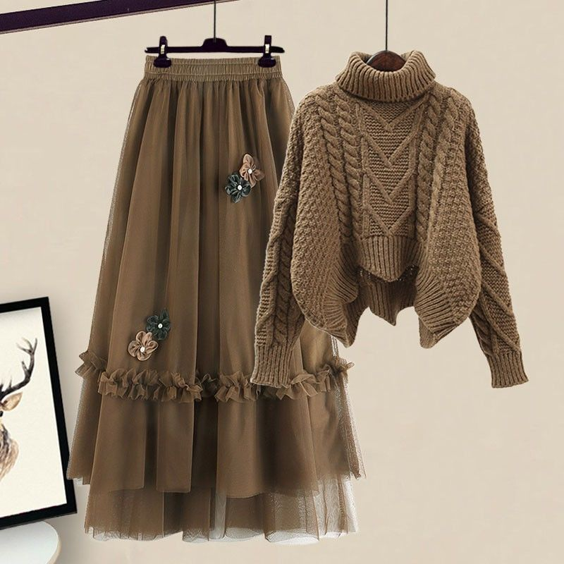 Women's Clothing Winter petite knitted sweater with winter skirt mesh skirt_voghion.com