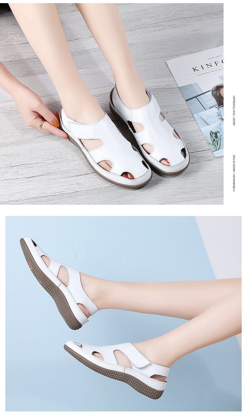 Sandalias de verano de piel auténtica para mujer, cómodas, con punta redonda y suela blanda hueca para mujer_voghion.com