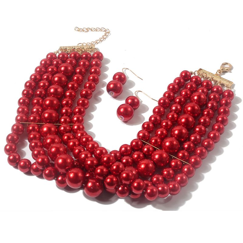 Conjunto de collar y accesorios para mujer con collar multicapa de perlas cortas_voghion.com