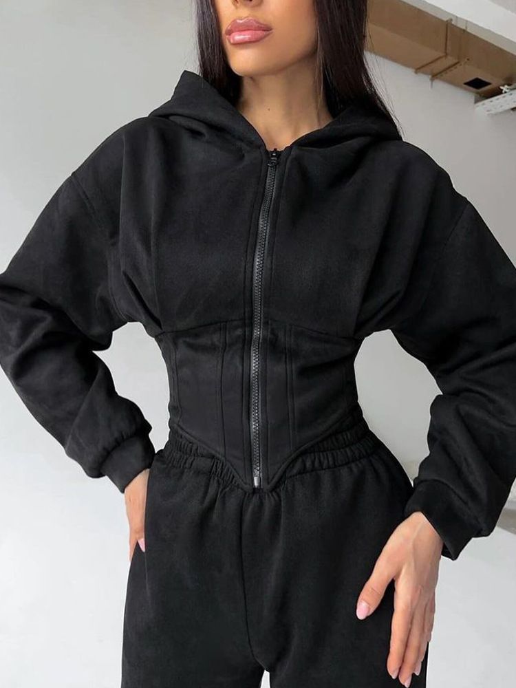 Women's Solid Color Hooded Sweatshirt & Jogger Pants Set - Stylish Streetwear Two-Piece Outfit For Fall/Winter Casual Wear_voghion.com