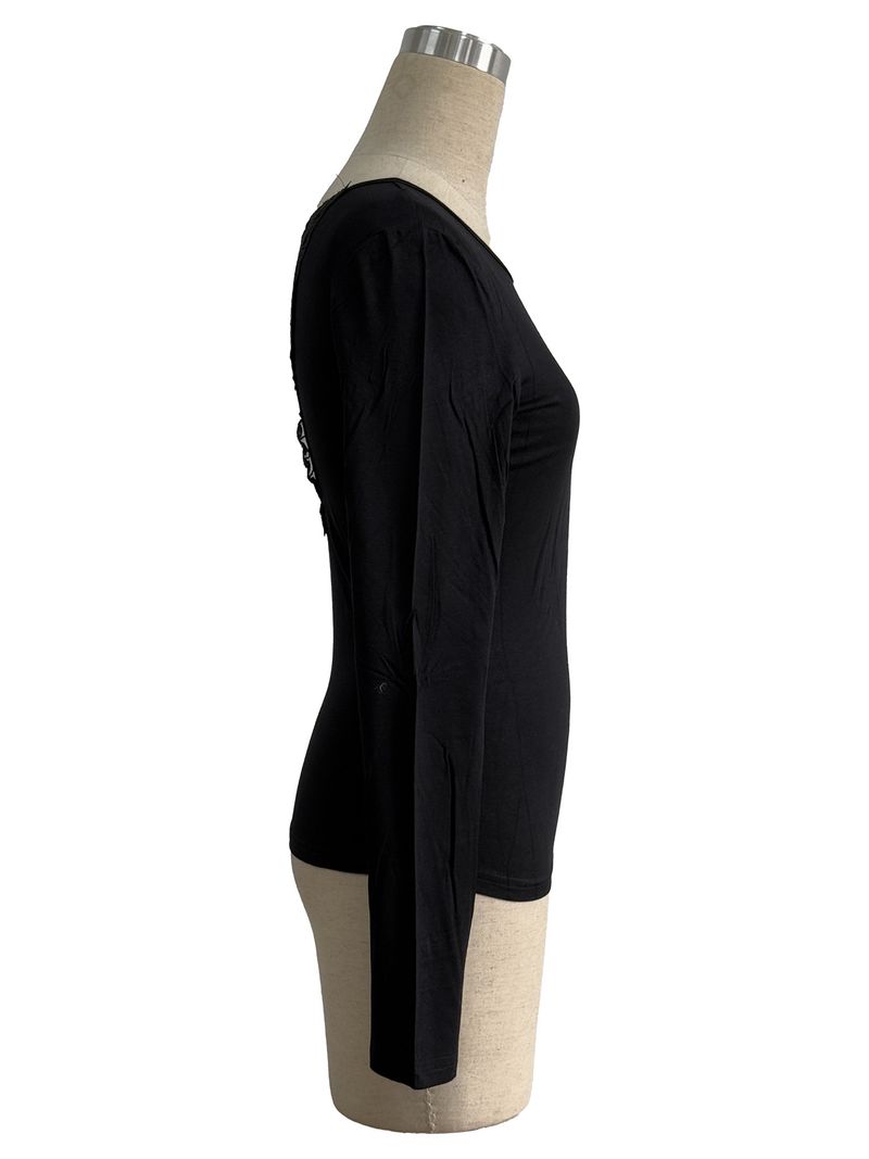 Elegant Solid Color Long Sleeve Top With Back Cutout & Butterfly Lace Trim – Slim-Fit Blouse For Work & Evening_voghion.com