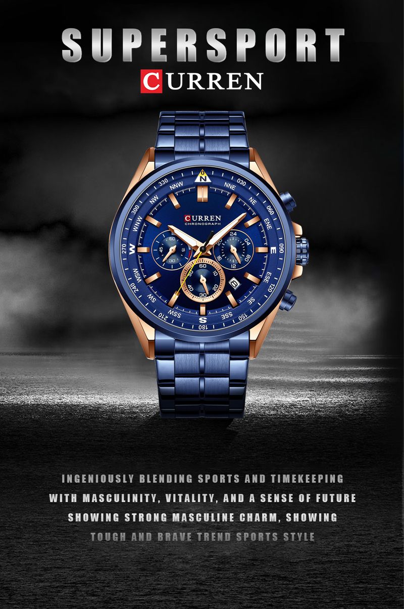 Orologio da uomo al quarzo in acciaio inossidabile con datario, orologio da polso analogico multifunzionale a 6 lancette, orologio casual da lavoro_voghion.com