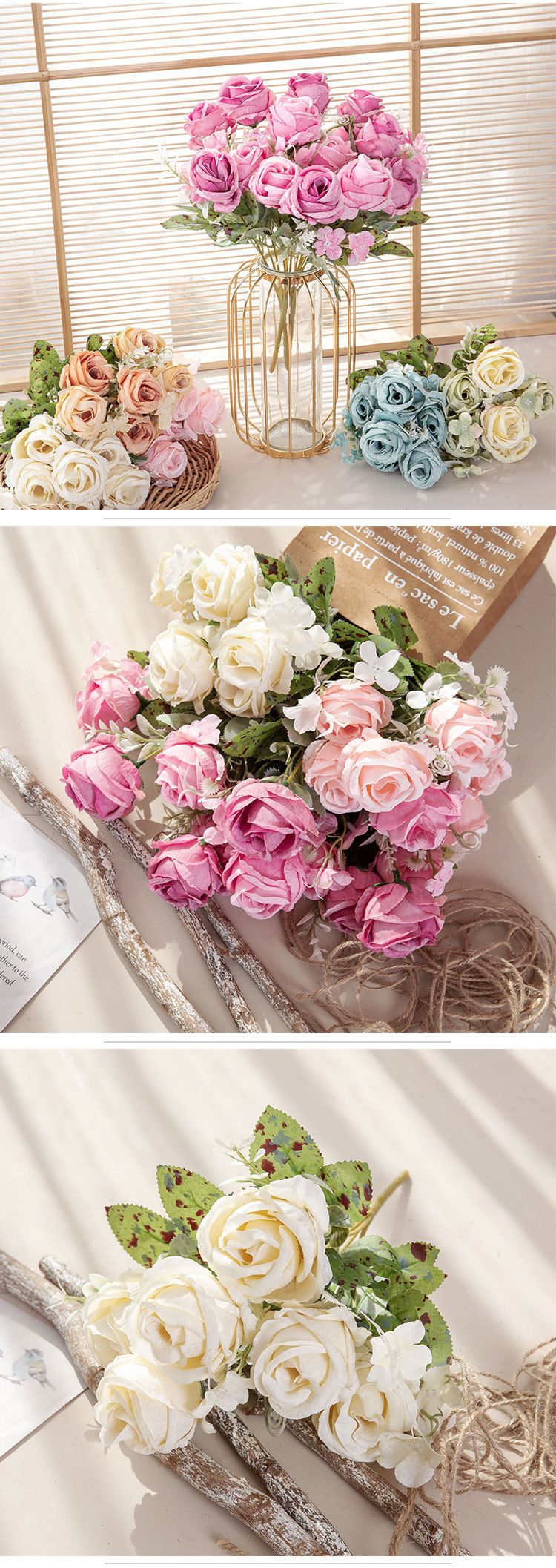 Rose bouquet manufacturer flower wall home decoration wedding bouquet fake flowers cross-border MW55504_voghion.com