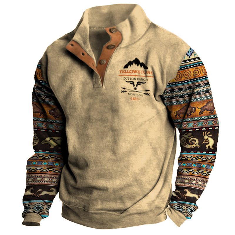 Neue Ankunft Western Cowboy herren Langarm Button Print Casual Fashion Jacke Mantel_voghion.com