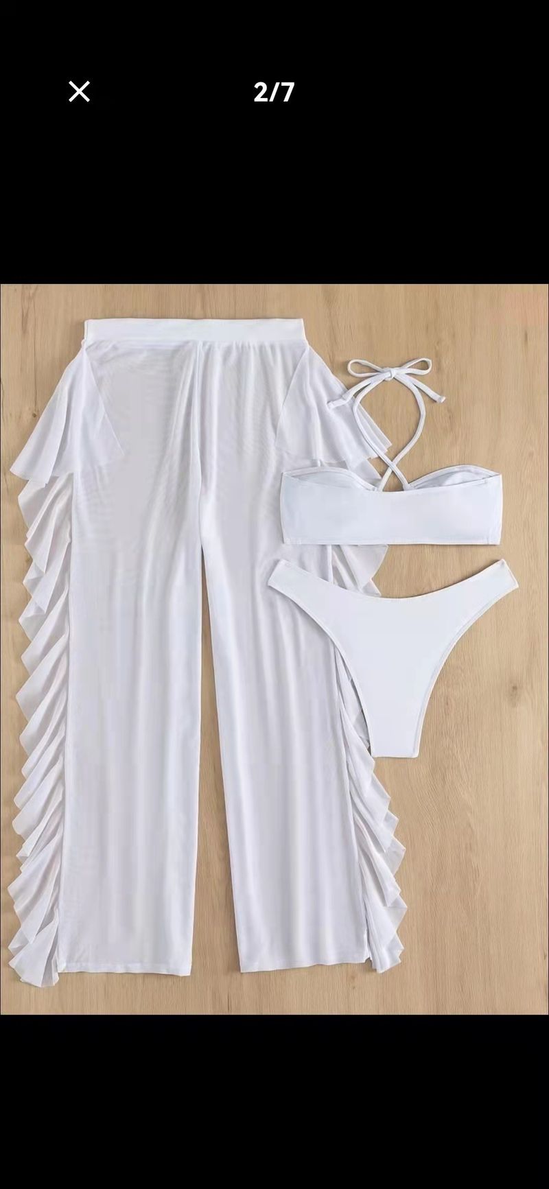Bikini da donna sexy con copricostume e pantaloni in rete trasparente - Completo mare 3 pezzi nero/bianco (S/M/L)_voghion.com