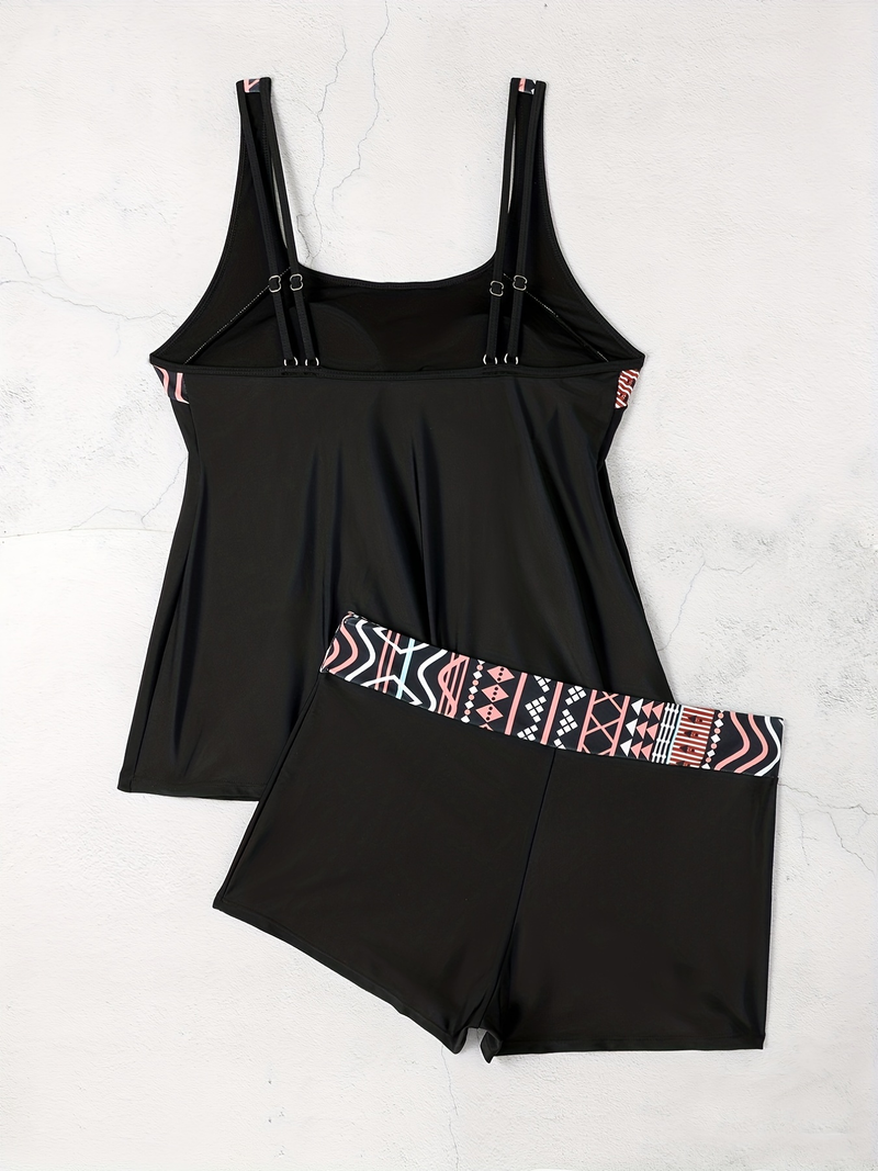 Lässiges Tankini-Set in Übergröße, Damen-Tanktop und Shorts mit geometrischem Muster und hohem Stretchanteil, 2-teiliges Strandmode-Set, zweiteiliges Set in Übergröße für Damen_voghion.com