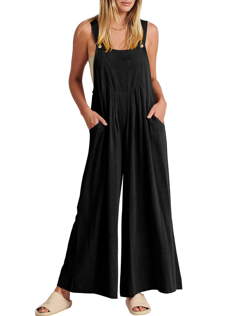 Women's clothing solid color loose casual cotton and linen overalls jumpsuit_voghion.com
