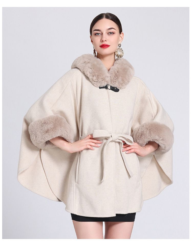 Mantella con cappuccio e colletto in lana, cardigan in pizzo lavorato a maglia da donna, cappotto in lana taglie forti_voghion.com