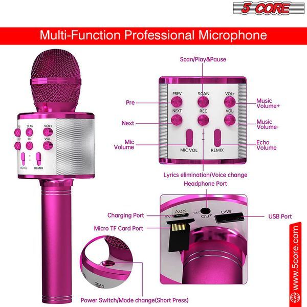 5CORE Bluetooth Wireless Karaoke Microphone All-in-One Portable Handheld Mic With Speaker Recorder Microfono Inalambrico WM SPK PNK_voghion.com