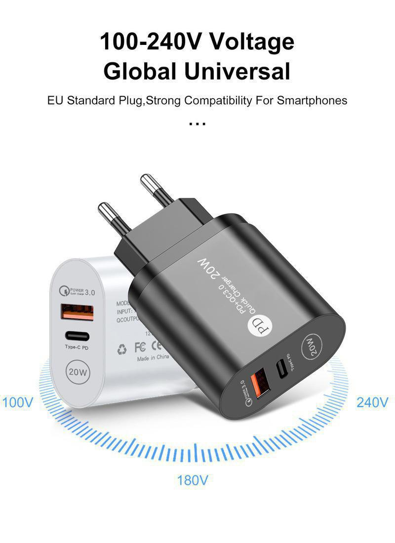 20W PD+USB Fast Charge Adapter QC 3.0 Fast Charge Type-C Charger Europe/America/British Wall Phone Fast Charge Household Wall Charger Travel Adapter_voghion.com
