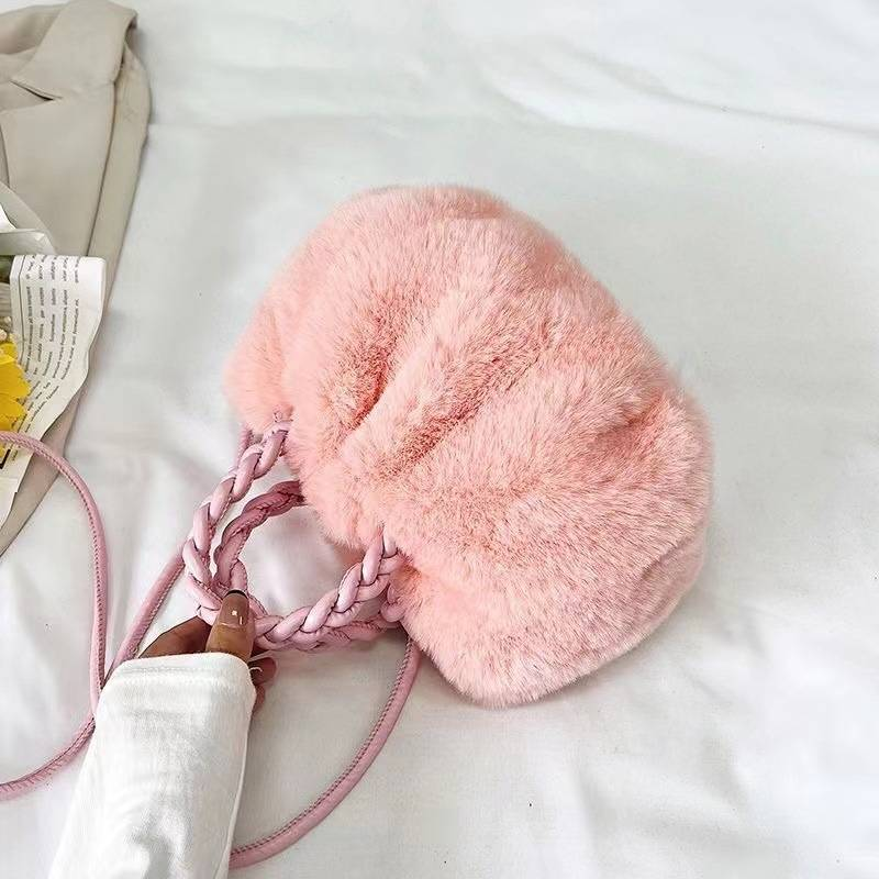 Sac femme sac nuage élégant sac en peluche en fourrure de lapin sac messager plissé sac à main à la mode polyvalent en fourrure_voghion.com