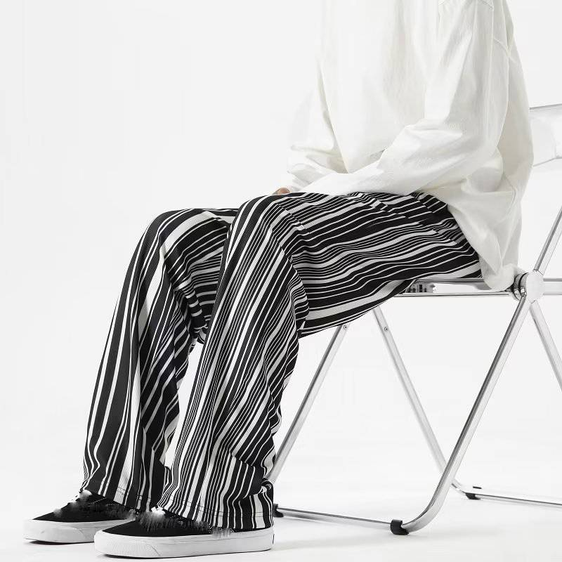 Pantaloni casual cu dungi verticale alb-negru texturați pentru bărbați, pantaloni largi, cu drapaj, pentru ștergere, pantaloni largi cu picior larg_voghion.com