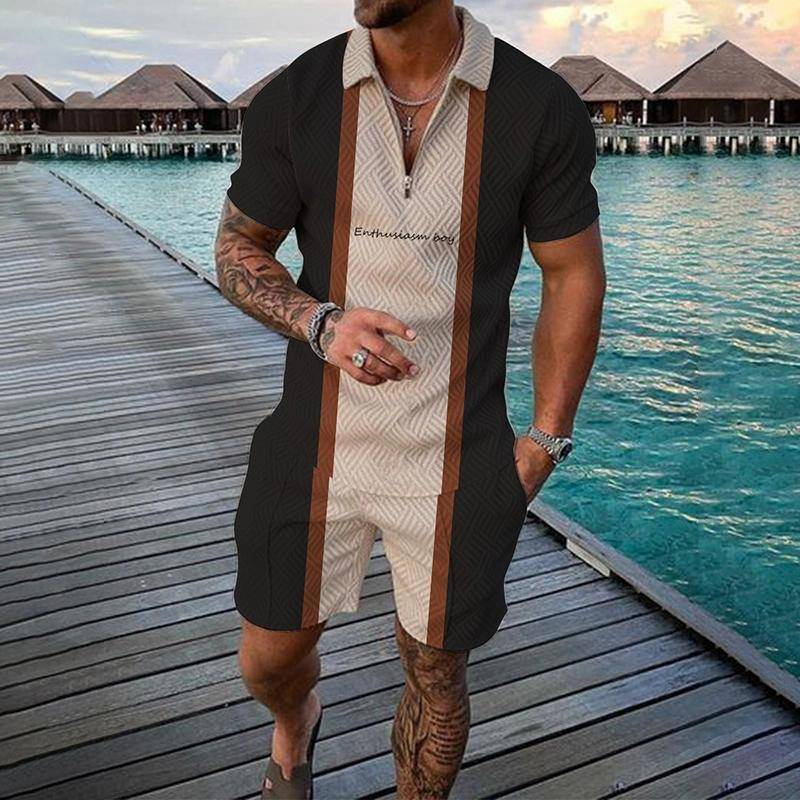 Neues modisches Poloshirt-Set mit Reißverschluss für Herren, lässig, mit 3D-Druck, kurzärmelige Hemden und Shorts_voghion.com