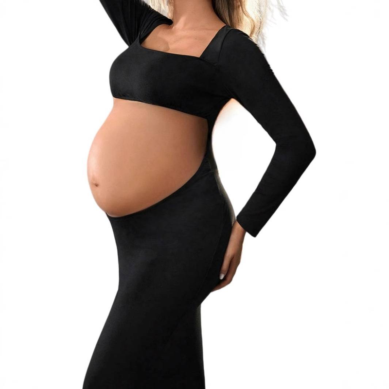 Damenbekleidung Neue Schwangere Frauen Schlanke Fotofotografie Nabel Entblößendes Sexy Fashion Square Kragen Langarmkleid_voghion.com