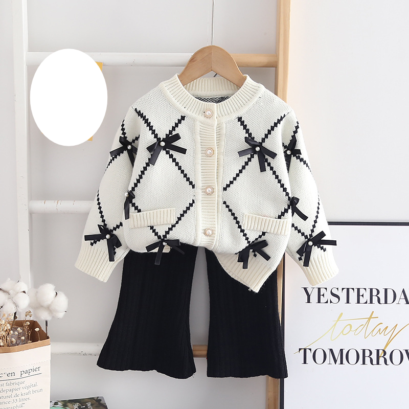 Completo in maglia per mamma e bambini, autunno e inverno 2022, nuovo cardigan con fiocco, completo in due pezzi lavorato a maglia coreano_voghion.com