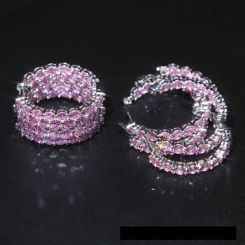 Women's Jewelry 30mm Pink Zircon Hoop Earrings In Silver & Rose Gold, Geometric Design For Trendy & Hip-Hop Style Rose Gold Silver Earrings Jewelry_voghion.com