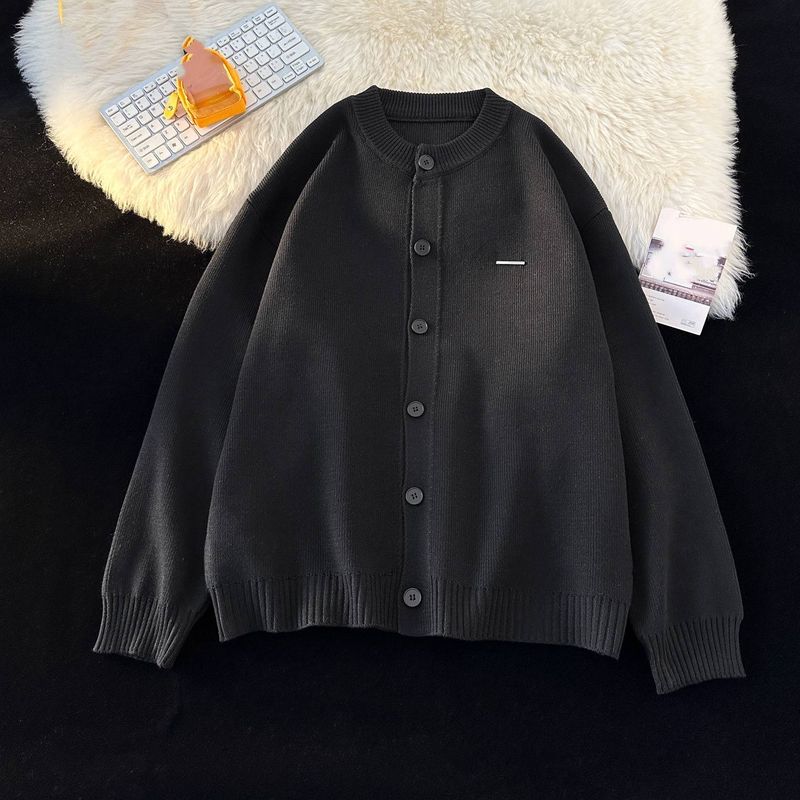 Cardigan unisexe en grosse maille – Pull oversize boutonné en noir et gris classiques_voghion.com