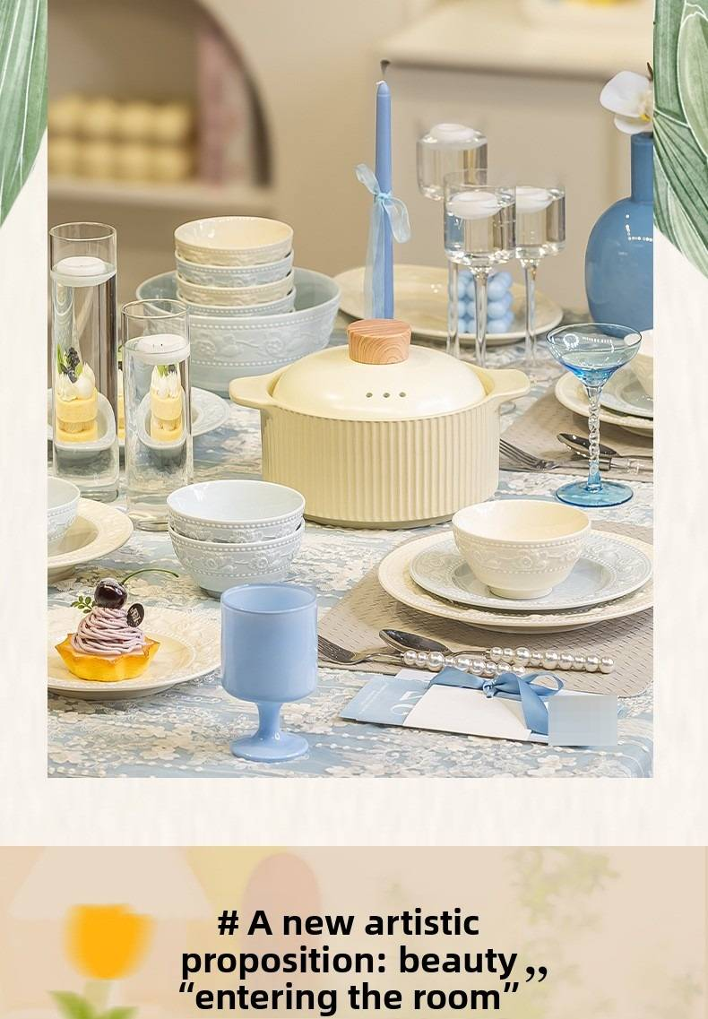 Französisches Geschirrset für den Hausgebrauch, hoher ästhetischer Wert für Mädchen, hübsches Keramikschüsselset, neues geprägtes Geschirr_voghion.com