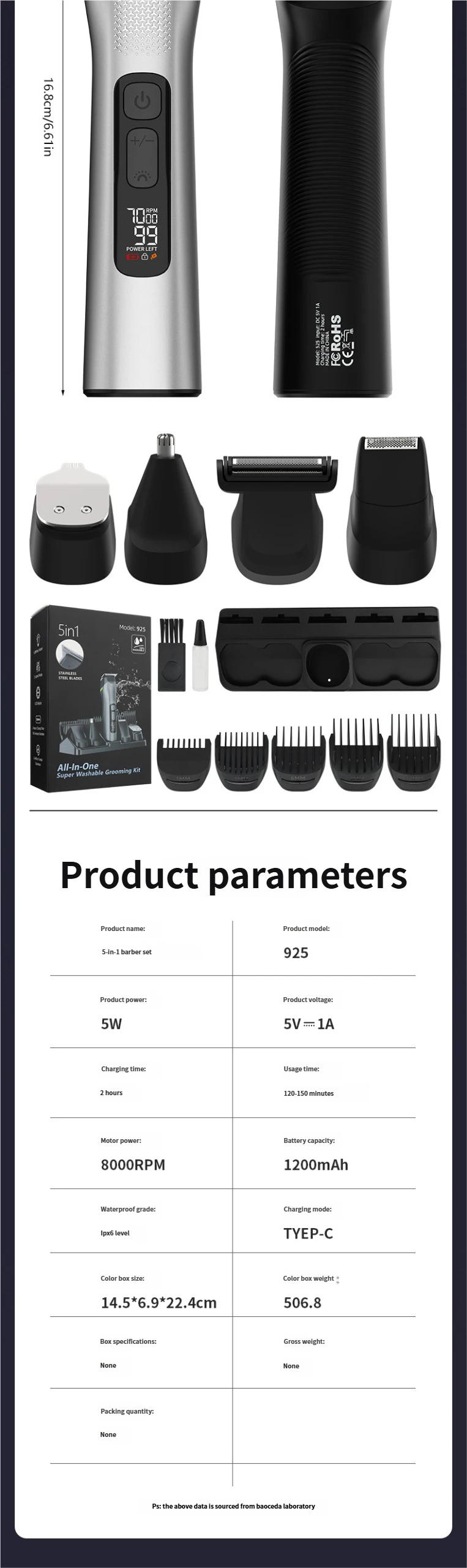 Tagliacapelli elettrico da uomo 5 in 1, tagliacapelli elettrico completamente impermeabile, tagliacapelli per il naso, rasoio e set da barba con luce_voghion.com