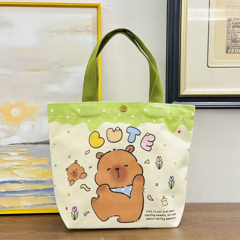 Canvas Bucket Bag For Women, Birthday Lunch Small Handheld Cute Portable Tote Bag, Capybara_voghion.com