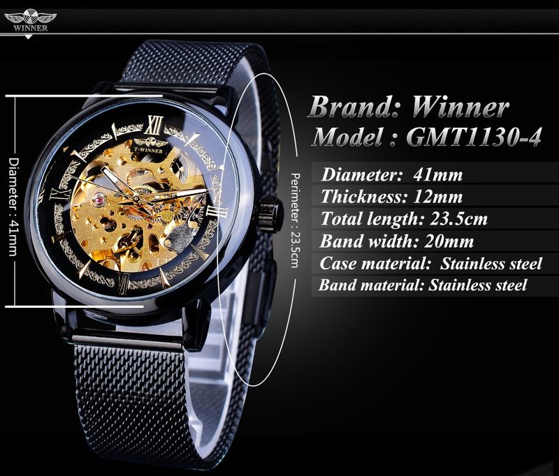 Orologio da polso da uomo classico Winner, meccanico, con scheletro, nero, dorato, sottile, analogico, con cinturino in maglia d'acciaio, casual, elegante, da uomo_voghion.com