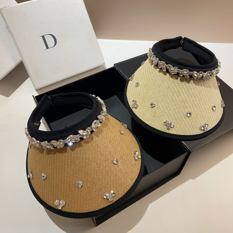 Summer new style empty top for women, French socialite Feng Shui diamond hat, outdoor black rubber UV resistant sun hat_voghion.com
