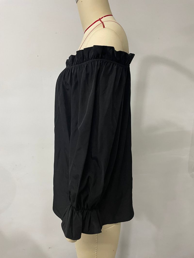 Blusa in chiffon con spalle scoperte da donna - Elegante top peplo a maniche lunghe con volant in tinta unita (nero, bordeaux, verde, beige, rosa antico)_voghion.com