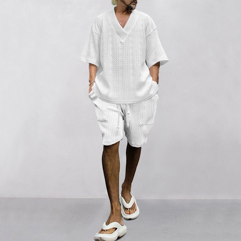 Lässiges Jacquard-Sommer-Set für Herren, lockeres Kurzarm-T-Shirt und Shorts mit V-Ausschnitt, zweiteiliges Sport-Set für Männer_voghion.com