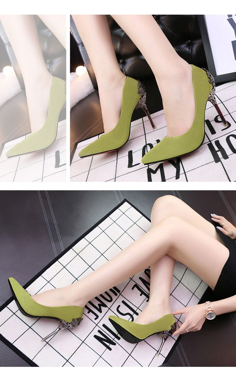p9Koreanischer Stil spitzer Zeh einzelne Frauen Hochzeit rote Brautschuhe Metall hohl Wildleder Stiletto High Heels_voghion.com