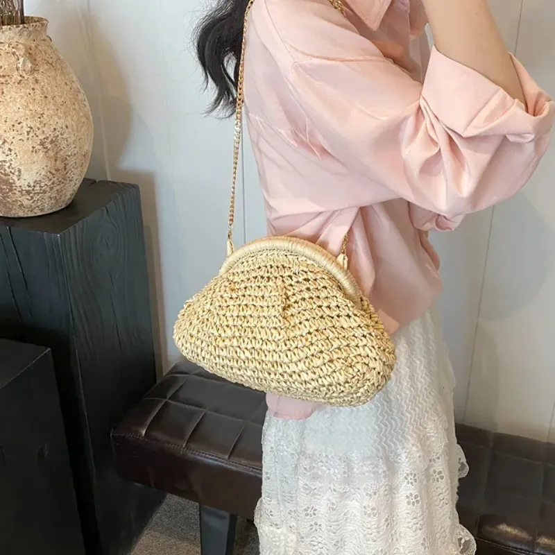 Borsa da donna in paglia intrecciata con tracolla a catena, grande capacità, elegante, a tracolla, tinta unita, per spiaggia estiva, 250614l_voghion.com